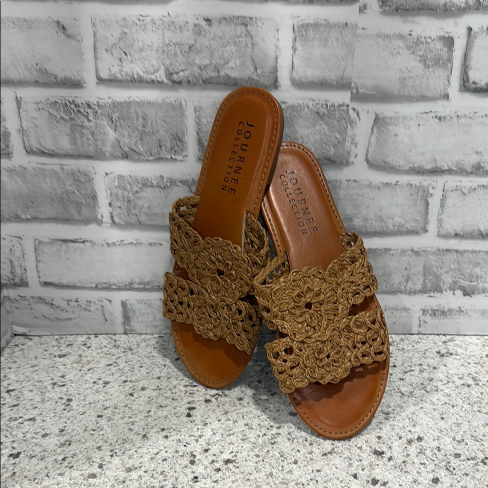 Journee Collection Brown Crochet Sandals